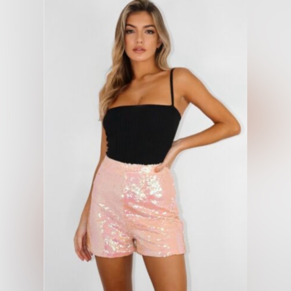 MISSGUIDED Sequined High Waisted Hot Shorts Pink Orange Iridescent Women's Sz 2